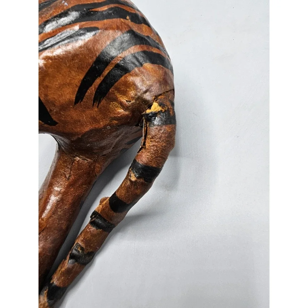 Vintage Leather Wrapped Paper‎ Mache Bengal Tiger Figurine Yellow Glass Eyes 11